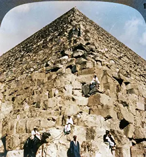 Camels Prints: Looking up the northeast corner of the Great Pyramid, Egypt, 1905
