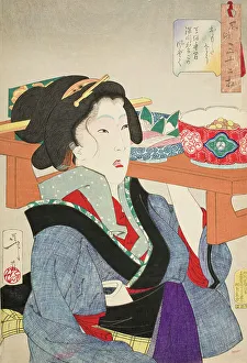 Looking Weighed Down: The Manner of a Waitress at Fukagawa in the Tenpo Era... 1888. Creator: Tsukioka Yoshitoshi