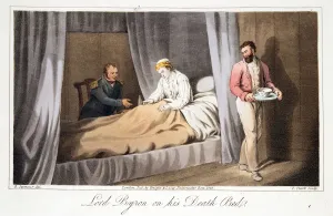 Lord Byron on his death bed, pub. 1825. Creator: Robert Seymour (1798 - 1836) Lord Byron on his death bed, pub. 1825. Creator: Robert Seymour (1798 - 1836)