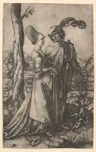 Durer Gallery: Lord and lady walking with figure of death hiding behind a tree, holding an hourg... ca