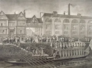 Embarking Prints: The Lord Mayor departing for Westminster, St Katherines Way, London, 1703 (c1850(?))