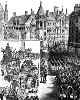 Float Prints: Lord Mayor's Day: procession waiting outside the new Law Courts - Indian and Colonial Trophies