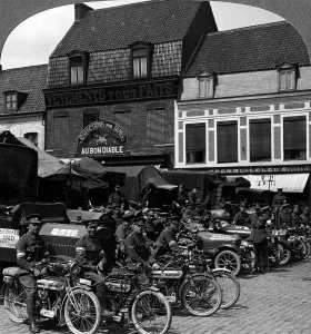 Lorries and motorcycles of the Indian Army Corps, Merville, France, World War I, 1914-1918. Artist: Realistic Travels Publishers