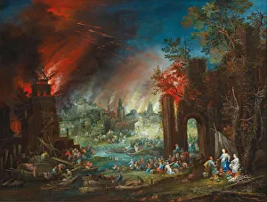 Lot and his Daughters, with the burning town of Sodom in the background, End of 17th-Early 18th cen. Creator: Hartmann, Johann Jacob (ca 1658-ca 1736)