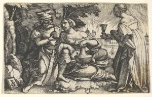 Incest Prints: Lot and his daughters: a daughter at center rests her right arm on Lots knee and a ve