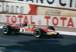 Motor Race Prints: Lotus 49, Gold Leaf, driven by Graham Hill at the 1968 Monaco Grand Prix. Creator: Unknown