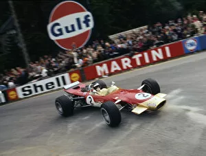 Gold Leaf Collection: Lotus 49, Gold Leaf, driven by Jackie Oliver at the 1968 Belgian Grand Prix. Creator: Unknown