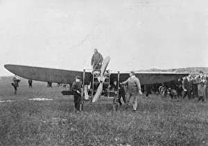 Aviation Prints: Louis Bleriot about to make the first successful flight across the English Channel, 1909