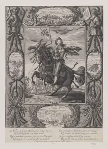 Picart Collection: Louis XIII on horseback with views of besieged towns and fortresses, c.1630