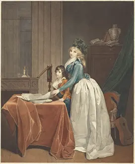Louise Sebastienne Gely-Danton with her stepson behind a Zograscope, c1793. Creator: Boilly, Louis-Leopold, (after)