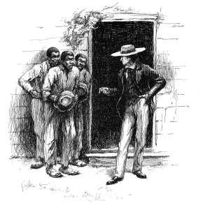 Planter Prints: Louisiana planter showing a voodoo charm to apprehensive plantation workers, 1886