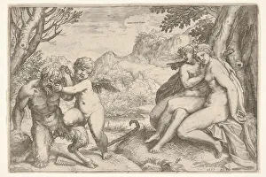 Agostino Carracci Collection: Love Conquers All (Omnia vincit Amor), in a struggle with a satyr Amor places his right