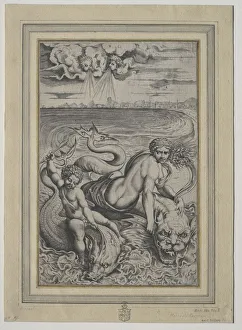 Marco Dente Prints: Love and Cupid Carried by Dolphins, 1500s. Creator: Marco Dente (Italian, c. 1486-1527)