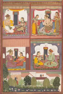 Bundi Prints: Four Love Scenes and a Landscape: Page from a Dispersed Raskapriya
