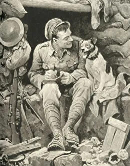 Give Her My Love! Tommy and His Canine Friend, 1917. Creator: Stanley L Wood Give Her My Love! Tommy and His Canine Friend, 1917. Creator: Stanley L Wood