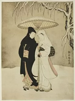 Rose Gallery: Lovers Beneath an Umbrella in the Snow, c. 1767. Creator: Suzuki Harunobu