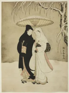 Lovers Beneath an Umbrella in the Snow, c. 1767. Creator: Suzuki Harunobu