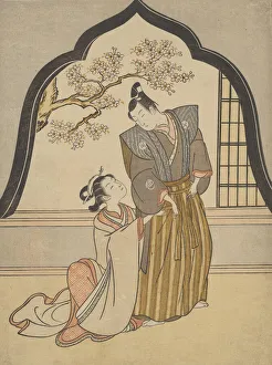 Dressing Prints: Lovers Dressing Beside a Window, 1765. Creator: Suzuki Harunobu