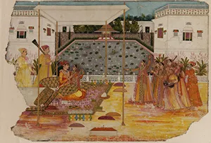 Huqqa Pipe Collection: Lovers on a garden terrace; musicians and attendants, 18th century. Creator: Unknown
