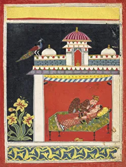 Reclining Prints: Two lovers in a pavilion, from an Amarushataka (Hundred poems of Amaru)... ca. 1680