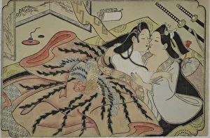 Erotic Art Gallery: Lovers under a quilt with phoenix design, 1680s