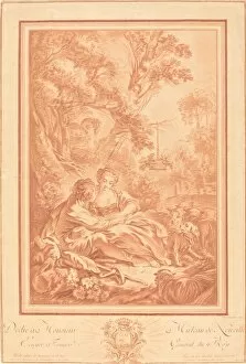 Boucher Fran And Xe7 Collection: Two Lovers Seated at the Foot of a Large Tree, Surprised by Two Girls