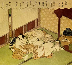 Erotic Collection: Two Lovers (Shunga - erotic woodblock print), c. 1750. Artist: Harunobu, Suzuki (1724-1770)
