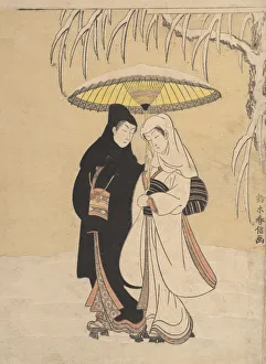 Umbrella Prints: Lovers Walking in the Snow (Crow and Heron), 1764-72. 1764-72. Creator: Suzuki Harunobu