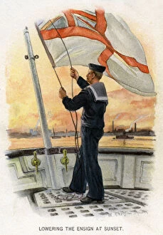 Naval Uniform Gallery: Lowering the Ensign at Sunset, c1890-c1893.Artist: William Christian Symons
