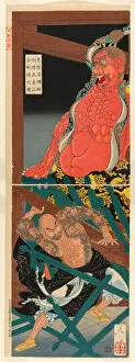 Tsukioka Yoshitoshi Gallery: Lu Zhishen in a Drunken Rage Attacking the Guardian Figure at the Temple on Moun... September 1887