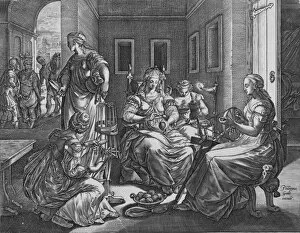 Antonio Fantuzzi Gallery: Lucretia and her handmaids spinning, 1537-45. Creator: Antonio Fantuzzi