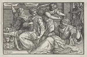 Lucretia instructing her daughters in needlework, 1557. Creator: Giuseppe Porta