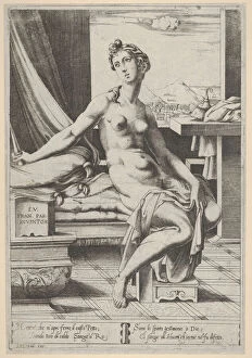 Antonio Collection: Lucretia naked and seated before a window, a dagger in her right hand and holding d