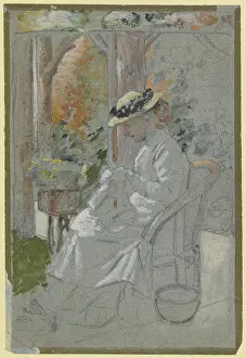 Straw Hat Prints: Luise Scholderer on the veranda, c1890s. Creator: Otto Scholderer