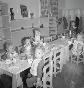 Nursery Prints: Lunchtime for young migrants at Shafter Camp, California, 1939. Creator: Dorothea Lange