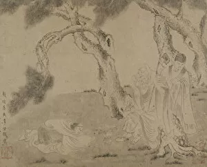 Images Dated 20th August 2021: Luohan, attendant, and worshipper under pines, Yuan or Ming dynasty, 1279-1644