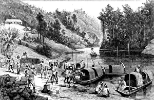 Burma Prints: The Lushai Expedition: officers checking stores after crossing a river