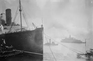 Tugboat Prints: LUSITANIA -- Ship with fans, 1914. Creator: Bain News Service