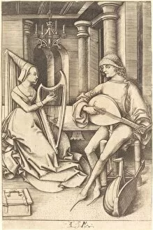 Wimple Gallery: The Lute Player and the Harpist, c. 1495 / 1503. Creator: Israhel van Meckenem