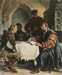 Student Prints: Luther as Junker Jorg in the Jena Inn with Swiss students, 1522, (1936). Creator: Unknown