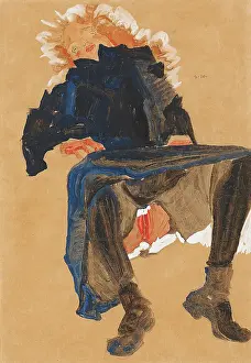 Schiele Prints: Lying Girl In A Dark Blue Dress, 1910. Creator: Schiele, Egon (1890-1918)