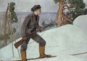 Hunting Rifle Prints: The Lynx Hunter, 1900. Creator: Pekka Halonen