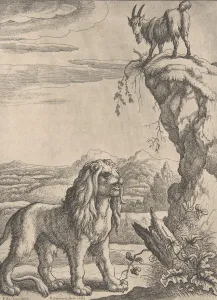 Francis Gallery: The Lyon and the Kid, from Ogilbys Aesopics, 1668. Creator: Richard Gaywood