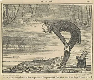 Bending Prints: M. Coste, s'apercevant qu'a force de tirer, 19th century. Creator: Honore Daumier