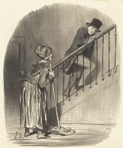 Stairs Prints: Ma femme est-elle a la maison?, 1847. Creator: Honore Daumier