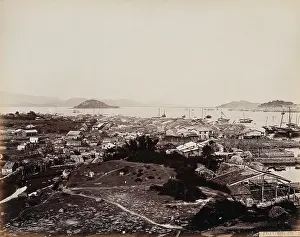 Portuguese Prints: Macao Island: panoramic view across the inner harbour from Macao City