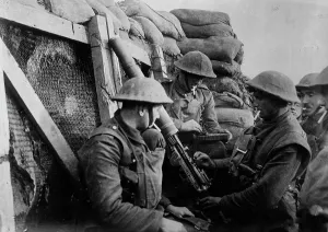 Sand Bag Prints: Machine gun in front line trench, between c1915 and c1920. Creator: Bain News Service
