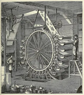 Pulleys Prints: Machine for Printing Wallpaper in up to Twenty Colours, pub. 1873 (engraving), 1873