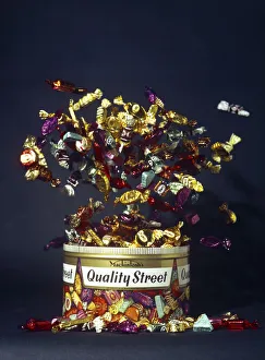 Mackintoshs Quality Street, exploding tin advertisment shot, 1972 Mackintoshs Quality Street, exploding tin advertisment shot, 1972