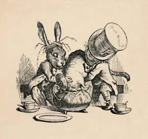 Teapot Prints: The Mad Hatter and March hare trying to put the Dormouse into a teapot
